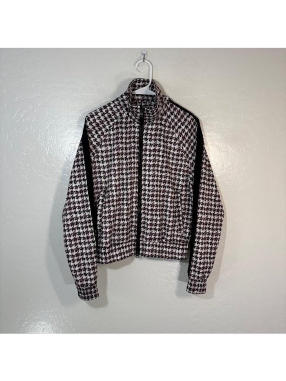 Pam & Gela Jacket Womens Small Black Houndstooth Knit Full Zip Bomber Casual